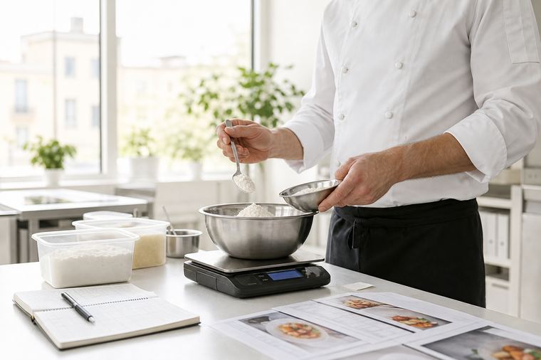 Piano di lavoro di una cucina con utensili appesi e pentole pronte per il servizio.