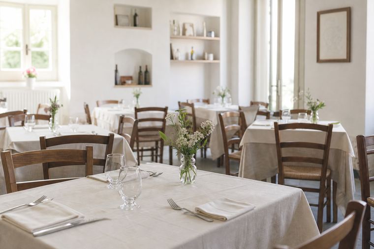Un lungo tavolo rettangolare in legno con le sedie allineate nella sala vuota di un locale.
