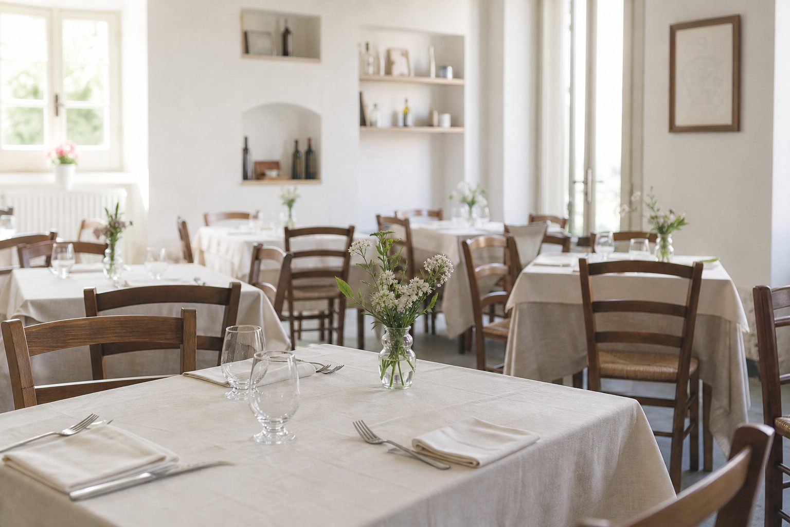 Un lungo tavolo rettangolare in legno con le sedie allineate nella sala vuota di un locale.